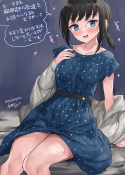 1girl alternate_eye_color belt black_belt black_hair blue_dress blue_eyes blush collarbone commentary_request dress feet_out_of_frame fubuki_(kancolle) fubuki_(spring)_(kancolle) hair_tie heart highres jacket jacket_partially_removed kantai_collection looking_at_viewer low_ponytail lower_teeth_only medium_hair mizuta_kenji one-hour_drawing_challenge open_mouth polka_dot polka_dot_dress ponytail short_ponytail sidelocks signature solo speech_bubble sweat teeth thighs translation_request twitter_username white_jacket