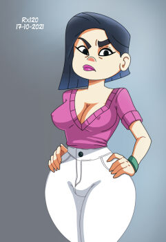 1girl :< absurdres artist_name artist_request black_eyes black_hair blush breasts glitch_techs hands_on_own_hips highres legs_together long_hair looking_at_viewer mature_female mayumi_kubota no_bra shiny_skin short_hair solo wide_hips