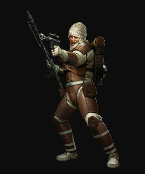 1boy armor backpack bag darren_tan dengar full_body gun handgun highres holding holding_gun holding_weapon machine_gun male_focus mauser_c96 mg34 plate_armor scope solo star_wars weapon white_turban