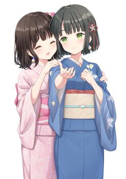 2girls :d ^_^ absurdres animification black_hair blue_kimono blunt_bangs blunt_ends blush bob_cut breasts brown_sash closed_eyes commentary_request cowboy_shot floral_print floral_print_kimono flower flower_knot flower_stand_art green_eyes hair_flower hair_ornament hanazora_satsuki hand_on_another&#039;s_arm hand_on_another&#039;s_shoulder highres japanese_clothes kimono link!_like!_love_live! long_sleeves love_live! medium_breasts momose_ginko momose_ginko_(summer_casual) multiple_girls obi obiage obijime official_alternate_costume open_mouth pink_flower pink_kimono pink_sash print_kimono real_life sakurai_hina sash short_hair simple_background smile standing three-quarter_sleeves virtual_youtuber voice_actor voice_actor_connection white_background