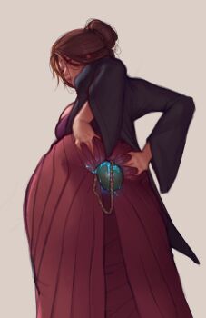 1girl ass breasts brown_eyes brown_hair commentary emma_the_gentle_blade english_commentary from_behind hair_bun hakama hakama_skirt harsh-mallowz highres japanese_clothes kimono large_breasts long_hair long_sleeves looking_at_viewer looking_back open_mouth penetration_through_clothes sekiro:_shadows_die_twice short_hair simple_background single_hair_bun skirt solo spread_ass updo