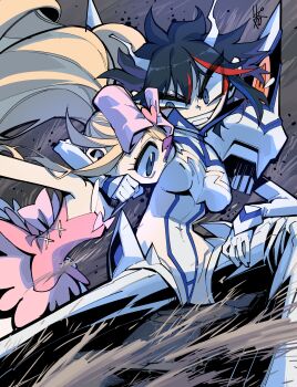 2girls absurdres arm_around_neck black_hair blonde_hair blue_eyes bow breasts colored_eyepatch dress dust evil_grin evil_smile eyepatch grin hair_bow half-closed_eyes harime_nui hashtag-only_commentary highres junketsu kill_la_kill little_mojoi long_hair looking_at_another matoi_ryuuko multiple_girls pink_bow pink_dress red_streaks short_hair smile