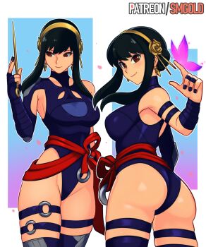 1girl absurdres ass breasts cosplay elbow_gloves gloves highleg highleg_leotard highres holding large_breasts leotard long_hair looking_at_viewer marvel marvel_rivals psylocke psylocke_(cosplay) psylocke_(vengeance) purple_leotard simple_background smgold smile solo spy_x_family thighhighs weapon x-men yor_briar