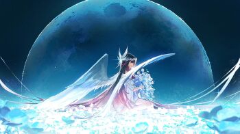 1girl barefoot black_hair bouquet closed_eyes closed_mouth columbina_(genshin_impact) commentary dress english_commentary eye_mask feathered_wings field flower flower_field genshin_impact hair_flower hair_ornament head_wings highres holding holding_bouquet long_hair mask mint-tan moon multicolored_hair purple_hair smile solo streaked_hair watermark white_dress white_flower white_wings wings