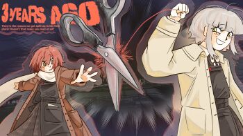 Rule 34 | 2girls, apron, apron pocket, asya shubina, back bow, black apron, blunt bangs, bow, brown coat, brown dress, brown eyes, brown hair, coat, collared dress, cowboy shot, dress, english text, facial mark, grey hair, grin, highres, looking at another, multiple girls, rugwurm, scarf, school uniform, scissors, sidelocks, smile, soviet school uniform, string, string of fate, tosya (z.a.t.o.), white scarf, yellow coat, yellow eyes, z.a.t.o. // i love the world and everything in it