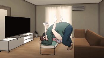 10s 1boy 1girl 2017 age_difference air_conditioner animated animated_gif anime_screenshot arms_up barefoot black_hair brown_hair closed_eyes clothed_sex controller couch curtains feet game_console game_controller hetero highres holding indoors jitaku_keibiin katsuragi_yuki legs legs_apart legs_up living_room looping_animation lying mating_press missionary nightgown older_male_and_younger_female on_back on_table open_mouth pale_skin plant sex short_hair size_difference skirt soles spread_legs suzuki_mirano table television underwear wide_shot wooden_floor