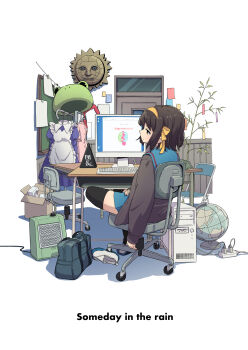 1girl animal_costume apron bag bamboo black_thighhighs blue_dress blue_sailor_collar blue_skirt bored box brown_cardigan brown_eyes brown_hair cardboard_box cardigan chair chalkboard classroom clothes clothes_hanger commentary computer computer_keyboard computer_tower desk door dress electrical_outlet english_commentary english_text frog_costume from_behind globe hair_ribbon hairband half-closed_eyes hand_on_own_stomach heater highres indoors kita_high_school_uniform long_sleeves looking_to_the_side maid maid_apron medical_scrubs monitor nakamori_kemuri on_chair puffy_long_sleeves puffy_sleeves purple_dress ribbon sailor_collar school_bag school_uniform serafuku shadow shoes short_hair single_shoe sitting skirt solo sun suzumiya_haruhi suzumiya_haruhi_no_yuuutsu swivel_chair tanzaku thighhighs unworn_shoe unworn_shoes uwabaki white_apron white_background white_shoes yellow_hairband yellow_ribbon zettai_ryouiki