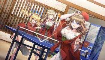 3girls ball bath_yukata blonde_hair breasts brown_hair cleavage dolphin_wave game_cg highres holding holding_paddle holding_table_tennis_paddle indoors japanese_clothes kazami_ellen kimono kirahoshi_kanna large_breasts long_hair multiple_girls non-web_source ootomo_takuji open_mouth paddle purple_eyes red_eyes ryokan sandals sash suminoe_shion sweat table_tennis table_tennis_ball table_tennis_net table_tennis_paddle twintails vending_machine wardrobe_malfunction yukata