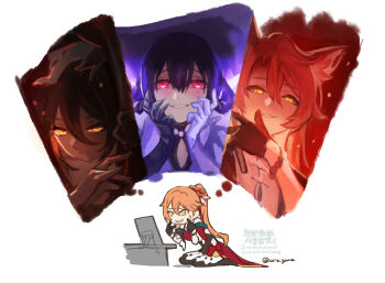 1boy 3girls animal_ear_fluff animal_ears arie_game asymmetrical_gloves black_hair brown_hair commentary_request constance_(honkai:_star_rail) demon_horns dress fox_boy fox_ears fox_girl fugue_(honkai:_star_rail) gloves glowing glowing_eyes grin guinaifen_(honkai:_star_rail) highres honkai:_star_rail honkai_(series) horns jiaoqiu_(honkai:_star_rail) mismatched_gloves mole mole_under_eye multiple_girls orange_hair pink_hair red_dress red_eyes side_ponytail sitting smile smirk tingyun_(honkai:_star_rail) twitter_username white_background yellow_eyes