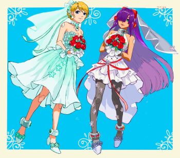2girls alia_(mega_man) android aqua_eyes blonde_hair blue_eyes bouquet breasts bridal_veil cairngorm999 capcom commentary_request dress dress_flower eyelashes flower frills full_body gloves hair_flower hair_ornament hair_over_eyes hair_up happy headset high_heels highres holding holding_bouquet joints layer_(mega_man) long_hair mega_man_(series) mega_man_x_(series) mega_man_x_dive multiple_girls official_alternate_costume open_mouth red_flower red_rose robot_ears robot_joints rose footwear_flower sidelocks simple_background smile standing veil waist_ribbon wedding_dress white_gloves