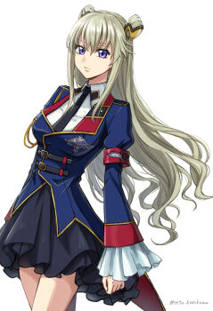 1girl armband black_necktie black_skirt blonde_hair blue_jacket breasts code_geass code_geass:_boukoku_no_akito collared_shirt cone_hair_bun hair_bun highres jacket large_breasts leila_malcal long_hair long_sleeves looking_at_viewer necktie purple_eyes red_armband setu_kurokawa shirt simple_background skirt solo standing very_long_hair white_background white_shirt wide_sleeves