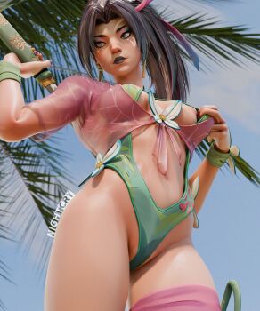 1girl 3d asymmetrical_legwear bad_link bikini bikini_top_aside blender_(medium) breasts cleavage clothing_aside holding holding_sword holding_weapon katana looking_to_the_side marvel marvel_rivals night_cry nipples official_alternate_costume psylocke psylocke_(breezy_butterfly) swimsuit sword thighhighs weapon x-men