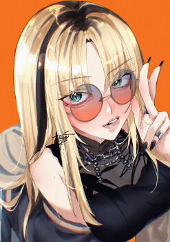 1girl absurdres aegyo_sal bare_shoulders black_nails black_tank_top blonde_hair blue_eyes breasts commentary_request curtained_hair fingernails hair_flowing_over halter_shirt halterneck highres hololive hololive_dev_is jewelry klai koganei_niko koganei_niko_(1st_costume) large_breasts layered_shirt lips long_fingernails long_hair looking_at_viewer mole mole_on_shoulder multicolored_hair multiple_rings nail_polish necklace orange_background parted_lips ring roots_(hair) round_eyewear see-through_cleavage see-through_clothes sidelocks signature simple_background solo tank_top tinted_eyewear two-tone_hair upper_body very_long_hair virtual_youtuber w
