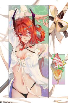 1girl absurdres arknights arms_up bikini black_bikini breasts cleavage commentary cowboy_shot criss-cross_halter demon_horns food halterneck highleg highleg_bikini highres horns large_breasts long_hair long_sleeves looking_at_viewer looking_to_the_side navel official_alternate_costume parfait purple_eyes red_hair solo surtr_(arknights) surtr_(colorful_wonderland)_(arknights) swimsuit swimsuit_cover-up sword tometome1342 twitter_username twitter_x_logo weapon