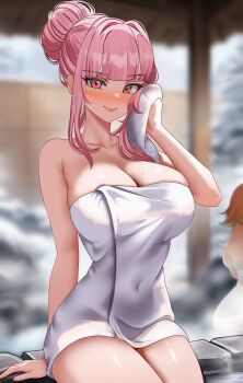 2girls absurdres blunt_bangs blurry blurry_background blush breasts cleavage closed_mouth commentary english_commentary hair_bun hand_up helldeer highres holding holding_towel hololive hololive_english large_breasts looking_at_viewer mori_calliope multiple_girls naked_towel onsen pink_eyes pink_hair sidelocks single_hair_bun sitting smile solo_focus takanashi_kiara towel virtual_youtuber wiping_face