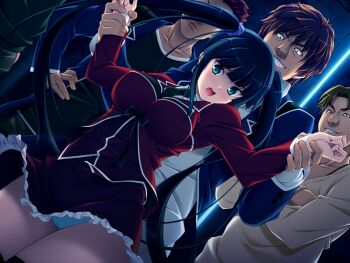 1girl 4boys black_hair blue_panties blush breasts brown_hair evil_grin evil_smile game_cg green_eyes grin holding_another&#039;s_wrist imminent_rape kurasawa_anzu large_breasts large_variant_set long_hair multiple_boys nerawareta_megami_tenshi_angel_tear non-web_source official_art open_mouth panties pantyshot restrained school_uniform skirt smile thighhighs tsukumo_kazuita twintails underwear variant_set