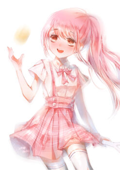 Rule 34 | 1girl, absurdres, ball, bare arms, blush, bow, bowtie, brown eyes, buttons, chinese commentary, collared shirt, commentary request, cowboy shot, dot nose, dress shirt, eyelashes, gyaru, hand up, happy, high-waist skirt, highres, long hair, looking at object, miniskirt, motion blur, muriel miaoke, nikki (series), open mouth, pink bow, pink bowtie, pink hair, pink skirt, plaid bow, plaid bowtie, plaid clothes, plaid skirt, reverse suspended congress, sex from behind, shining nikki, shirt, short sleeves, side ponytail, signature, simple background, skirt, smile, solo, standing, stylist (nikki), tareme, teeth, thighhighs, throwing, upper teeth only, white background, white shirt, white thighhighs