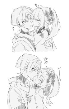 1boy 1girl :&lt; armlet biting biting_cheek blunt_ends blush bodysuit closed_eyes closed_mouth couple detached_sleeves dress eyelashes facing_another fingernails genshin_impact greyscale hair_intakes hand_on_another&#039;s_head hand_on_another&#039;s_shoulder hand_up hatching_(texture) hetero highres japanese_clothes jewelry kimono kiss kissing_cheek leaning_back light_frown linear_hatching long_hair looking_at_another monochrome nahida_(genshin_impact) no6_gnsn open_hand open_mouth outstretched_arm pointy_ears rope scaramouche_(genshin_impact) short_sleeves side_ponytail sidelocks translation_request tsurime turtleneck turtleneck_bodysuit wanderer_(genshin_impact) wispy_bangs