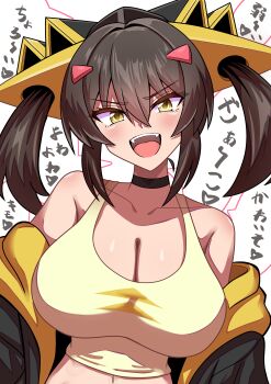 1girl absurdres alternate_color bare_shoulders breasts brown_hair cleavage dragapult fangs gen_8_pokemon hair_intakes hair_ornament hairclip headgear highres jacket large_breasts mesugaki navel nintendo off_shoulder open_mouth personification pokemon shiny_pokemon smile solo tank_top translation_request upper_body yellow_eyes yokomiya4538