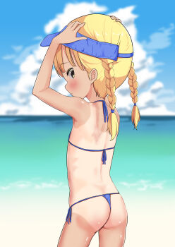 1girl absurdres armpits ass back beach bikini blonde_hair blue_bikini blue_hat blue_sky blurry blurry_background blush braid brown_eyes cloud cowboy_shot day from_behind hand_on_own_head hat highres horizon loli long_hair looking_back ocean original outdoors side-tie_bikini_bottom sky solo string_bikini swimsuit tan twin_braids yappariga
