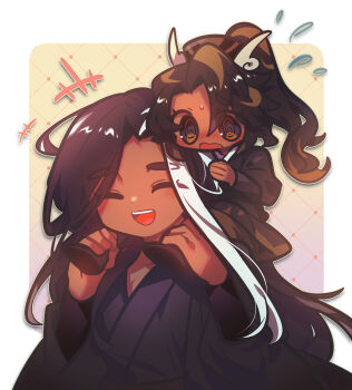 +++ 1boy 1girl :d @_@ ^_^ absurdres age_difference aged_down black_kimono blush border brown_eyes brown_hair caramel_arrow_cookie carrying carrying_person closed_eyes cookie_run cookie_run:_kingdom dark-skinned_female dark-skinned_male dark_cacao_cookie dark_skin flying_sweatdrops full_body gradient_background hair_between_eyes hair_ornament hands_up high_ponytail highres humanization japanese_clothes kimono layered_sleeves long_hair long_sleeves multicolored_hair nose_blush omoyu_(nakyu715) open_mouth outside_border pink_background ponytail puffy_long_sleeves puffy_sleeves shirt shoulder_carry simple_background sitting smile streaked_hair teeth tongue two-tone_hair upper_body upper_teeth_only white_border white_shirt yellow_background