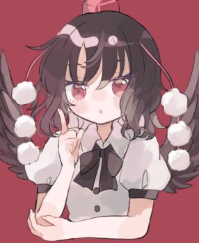 1girl :o black_bow black_bowtie black_wings blush bow bowtie brown_hair elbow_rest hair_between_eyes hand_up hat hiyuu_(hiyualice) index_finger_raised looking_at_viewer medium_hair open_mouth pom_pom_(clothes) red_background red_eyes shameimaru_aya shirt short_sleeves solo tokin_hat touhou upper_body white_shirt wings