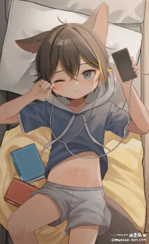 Rule 34 | 1boy, absurdres, animal ears, artist name, blonde hair, blue shirt, blush, book, boxers, brown hair, cellphone, clothes lift, crossed bangs, dog boy, dog ears, dog tail, earbuds, earphones, extra ears, grey eyes, grey male underwear, hair between eyes, highres, hooded shirt, looking at viewer, male focus, male underwear, midriff, navel, omurice (roza4957), one eye closed, original, phone, pillow, pudding (omurice (roza4957)), shirt, shirt lift, squeans, tail, tearing up, underwear, watermark, web address