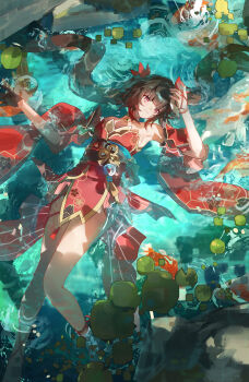 1girl absurdres bare_shoulders black_gloves breasts cleavage closed_mouth detached_sleeves dress facial_mark fox_mask gloves grape_(grapedraws) highres honkai:_star_rail honkai_(series) long_hair looking_at_viewer lying mark_under_both_eyes mask mask_on_head obi on_back outdoors red_dress sash short_sleeves single_glove smile solo sparkle_(honkai:_star_rail) twintails very_long_hair water