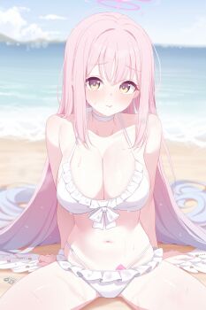 1girl angel_wings beach bikini blue_archive blue_sky blurry blurry_background blush breasts choker cleavage closed_mouth cloud collarbone condom condom_wrapper day deyui feathered_wings frilled_bikini frilled_ribbon frills gradient_hair halo highres large_breasts long_hair looking_at_viewer low_wings mika_(blue_archive) mika_(swimsuit)_(blue_archive) multicolored_hair navel ocean outdoors pink_hair pink_halo ribbon sitting sky solo stomach sweat swimsuit thighs tongue tongue_out very_long_hair wet white_bikini white_choker white_wings wings yellow_eyes