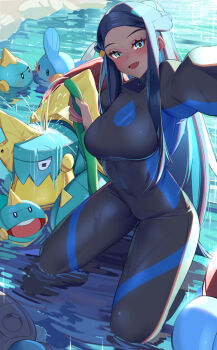 1girl 6+others aqua_eyes aqua_hair black_bodysuit blue_hair bodysuit chewtle dark-skinned_female dark_skin diving_suit drednaw full_body gen_3_pokemon gen_8_pokemon haska_(user_gure4787) holding holding_hose hose kneeling long_hair looking_at_viewer mudkip multicolored_hair multiple_others nessa_(pokemon) nintendo outdoors pokemon pokemon_(creature) pokemon_swsh pouring_onto_another selfie sidelocks smile very_long_hair water wetsuit