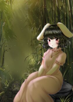 1girl :o animal_ears arms_between_legs bamboo bamboo_forest black_hair blush bob_cut carrot_necklace collar commentary dress forest frilled_collar frilled_sleeves frills hakase_(chitama_shinryaku) highres inaba_tewi jewelry light_particles light_rays looking_at_viewer lop_rabbit_ears nature necklace outdoors pink_dress rabbit_ears rabbit_girl red_eyes short_hair short_sleeves sitting solo touhou