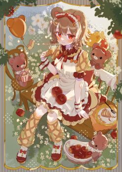 1girl :3 animal animal_ears apple apron basket bear bear_ears bear_girl blush bow bowtie brown_hair chair closed_mouth commentary double-parted_bangs dress food fork frilled_apron frilled_dress frilled_sleeves frills fruit full_body hair_bow highres kneehighs looking_at_viewer original pie pie_slice plate red_bow red_bowtie red_dress red_eyes red_shoes see-through_clothes see-through_legwear shoes short_hair short_sleeves sitting smile socks solo symbol-only_commentary tsukumi_bis white_apron yellow_socks