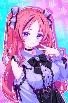 Rule 34 | 1girl, absurdres, bass clef, black choker, black nails, blue eyes, breasts, choker, commentary, detached sleeves, english commentary, finn flint, frilled shirt, frills, highres, indie virtual youtuber, jirai kei, large breasts, long hair, looking at viewer, melody note (vtuber), pleated skirt, purple shirt, red hair, shirt, skirt, solo, standing, twintails, v, very long hair, virtual youtuber