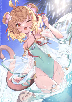 1girl :d ahoge andira_(granblue_fantasy) andira_(summer)_(granblue_fantasy) animal animal_ears aqua_one-piece_swimsuit blonde_hair blue_sky brown_ribbon cameltoe cloud cloudy_sky collarbone cowboy_shot double_bun fanbox_username flat_chest flower gluteal_fold granblue_fantasy groin hair_bun hair_flower hair_ornament hair_strand hand_up highleg highleg_one-piece_swimsuit highres innertube looking_at_viewer monkey monkey_ears monkey_girl monkey_tail one-piece_swimsuit one_eye_closed open_mouth orange_eyes palm_tree ribbon see-through_clothes short_hair sky smile solo splashing standing swim_ring swimsuit tail teeth thigh_strap thighs tree twitter_username upper_teeth_only wading water watermark web_address wrist_ribbon yellowpaint.