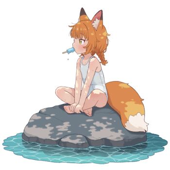 1girl animal_ear_fluff animal_ears barefoot braid commentary_request food fox_ears fox_tail one-piece_swimsuit onyhakase popsicle school_swimsuit sitting solo swimsuit tail white_one-piece_swimsuit