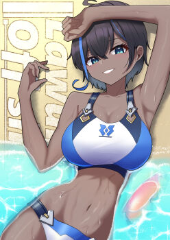 Rule 34 | 1girl, absurdres, ahoge, arm up, armpits, bare arms, bare shoulders, beach, bikini, black hair, blue bikini, blue eyes, blue hair, blue streaks, breasts, chougoukin potato, commentary request, cowboy shot, dark-skinned female, dark skin, glint, hand up, highres, large breasts, looking at viewer, lying, multicolored hair, navel, on back, on ground, original, sand, short hair, smile, solo, streaked hair, swimsuit, two-tone hair, water, wet