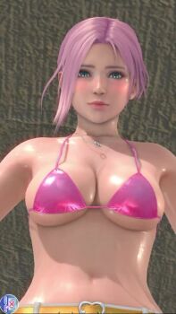 1girl 3d animated bikini blue_eyes blush bouncing_breasts breasts dead_or_alive dead_or_alive_xtreme dead_or_alive_xtreme_venus_vacation elise_(doa) highres jumping large_breasts lips looking_at_viewer pants pink_hair ponytail swimsuit tagme video