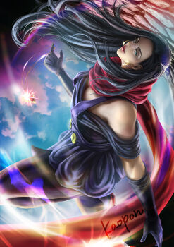 1girl bare_shoulders battle_tendency black_hair black_legwear blue_eyes blue_sky dress dutch_angle earrings elbow_gloves gloves hoop_earrings jewelry jojo_no_kimyou_na_bouken kaopon lipstick lisa_lisa long_hair makeup md5_mismatch necklace purple_dress red_lips red_scarf resolution_mismatch scarf sky source_smaller