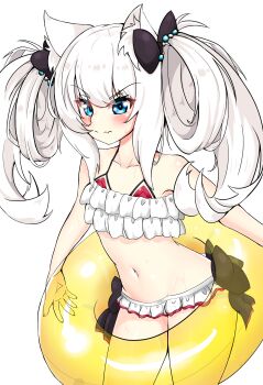 1girl animal_ear_fluff animal_ears aqua_eyes azur_lane bare_shoulders bikini black_ribbon blue_eyes blush closed_mouth fang frilled_bikini frills hair_ribbon hair_rings hammann_(azur_lane) hammann_(rebellious_summer)_(azur_lane) highres holding holding_swim_ring innertube navel official_alternate_costume ribbon silverichan simple_background skin_fang solo stomach swim_ring swimsuit white_background white_bikini white_hair