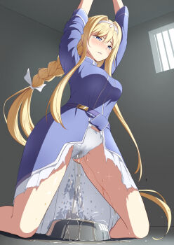 alice_zuberg arms_up blonde_hair blue_eyes blush bowl braid braided_ponytail breasts clenched_teeth dress embarrassed hairband highres kneeling large_breasts legs_apart lip_biting lips long_hair panties pee pee_stain peeing peeing_in_bowl peeing_self puddle ribbon sakamata_(sakamata4) single_braid skirt sword_art_online tearing_up tears teeth thighs torn_clothes torn_skirt underwear wet wet_clothes wet_panties white_panties