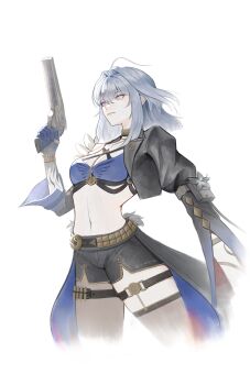 1girl absurdres black_jacket black_pantyhose black_shorts black_thighhighs blue_bra bra closed_mouth commentary cropped_jacket cropped_legs deardd galbrena_(wuthering_waves) grey_hair gun hair_intakes highres holding holding_gun holding_weapon jacket medium_hair navel pantyhose purple_eyes shorts simple_background single_leg_pantyhose solo stomach thigh_strap thighhighs underwear weapon white_background wuthering_waves