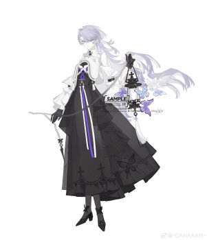 Rule 34 | 1girl, absurdres, animal print, arm at side, black dress, black gloves, black pantyhose, black shoes, border, bug, butterfly, butterfly brooch, butterfly print, chain, closed mouth, collared jacket, commentary, commission, cropped jacket, cross, cross print, curtained hair, dress, earrings, expressionless, eyebrow piercing, face piercing, frilled dress, frills, full body, gloves, hair between eyes, hand up, highres, holding, holding chain, holding lantern, infinity symbol, insect, jacket, jewelry, lantern, lip piercing, long dress, long hair, looking at viewer, low block heels, mao mao wansui, original, pantyhose, piercing, print dress, purple butterfly, purple eyes, purple hair, purple ribbon, ribbon, sample watermark, shoes, sideways glance, simple background, single earring, sleeve garter, solo, standing, swept bangs, symbol-only commentary, tassel, three-quarter sleeves, very long hair, watermark, weibo watermark, white background, white border, white butterfly, white jacket, white ribbon, wide sleeves, wolf cut