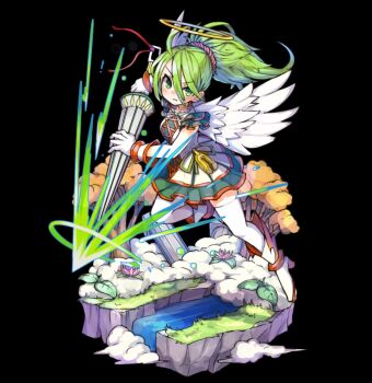 1girl ahoge angel angel_wings black_background blush boots breasts closed_mouth cloud dress feathered_wings flower full_body green_eyes green_hair hair_between_eyes halo highres holding holding_polearm holding_weapon large_breasts long_hair long_hair_between_eyes lotus merc_storia merc_storia_art_team motion_lines official_art pink_flower polearm ponytail saphrica_(merc_storia) simple_background solo standing tachi-e thighhighs tree v-shaped_eyebrows water weapon white_boots white_thighhighs white_wings wings