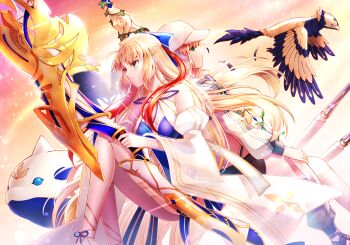 2girls absurdres ahoge artoria_caster_(fate) artoria_caster_(swimsuit)_(fate) artoria_caster_(swimsuit)_(first_ascension)_(fate) artoria_caster_(swimsuit)_(third_ascension)_(fate) artoria_caster_(swimsuit_berserker)_(first_ascension)_(fate) artoria_caster_(swimsuit_berserker)_(third_ascension)_(fate) artoria_pendragon_(fate) asymmetrical_clothes asymmetrical_pants baseball_cap bikini black_pants blonde_hair blue_bow blue_one-piece_swimsuit blue_ribbon bow breasts casual_one-piece_swimsuit cleavage cropped_jacket detached_sleeves dual_persona facial_mark fate/grand_order fate_(series) forehead_mark green_eyes hair_bow hat highleg highleg_swimsuit highres jacket long_hair long_sleeves medium_breasts multiple_girls one-piece_swimsuit ornament pants ribbon shrug_(clothing) single_bare_leg single_pantsleg smile striped_clothes striped_jacket swimsuit twintails very_long_hair white_bikini white_hat white_jacket yamano_udumi