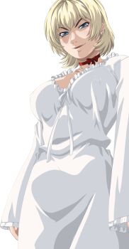 1girl bible_black blonde_hair bow breasts choker curvy dress highres jody_crowley large_breasts lips nightgown nipples shin_bible_black shiny_skin short_hair smile solo transparent_dress white_dress wide_hips witch