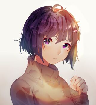 1girl alternate_hair_length alternate_hairstyle artist_name chicheesticks commentary doki_doki_literature_club english_commentary eyelashes hand_up highres long_sleeves looking_at_viewer parted_lips portrait purple_eyes purple_hair short_hair simple_background sleeves_past_wrists solo sweater third-party_source turtleneck turtleneck_sweater white_background yuri_(doki_doki_literature_club)