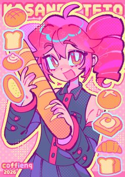 1girl ahoge artist_name baguette bread bread_slice character_name coffienq08 collared_shirt commentary croissant detached_sleeves drill_hair food fried_egg fried_egg_on_toast highres holding holding_food hot_cross_bun kasane_teto kasane_teto_(utau) loaf_of_bread long_sleeves looking_to_the_side melon_bread open_mouth outline pink_background pink_hair shirt sleeveless sleeveless_shirt smile solo toast twin_drills utau yellow_outline