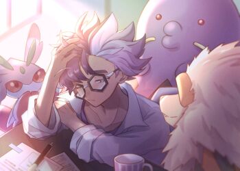 Rule 34 | 1boy, arcanine, blurry, closed mouth, coat, commentary request, cup, fang, fang out, gen 1 pokemon, gen 3 pokemon, gen 7 pokemon, glasses, half-closed eye, highres, jacq (pokemon), looking down, lurantis, male focus, messy hair, mug, multicolored hair, nintendo, one eye closed, paper, pen, pokemon, pokemon (creature), pokemon sv, pokemon team, short hair, sioinari 03, split-color hair, swalot