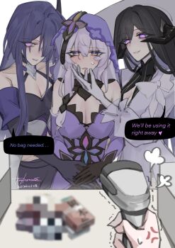 2girls acheron_(honkai:_star_rail) anger_vein bare_shoulders black_gloves black_swan_(honkai:_star_rail) breasts buying_condoms censored commentary condom_box dress elbow_gloves english_text fff_threesome gloves group_sex hair_spread_out highres honkai:_star_rail honkai_(series) implied_futanari large_breasts long_hair mosaic_censoring multiple_girls purple_dress purple_hair symbol-only_commentary taykrome the_dahlia_(honkai:_star_rail) threesome yuri