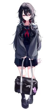 Rule 34 | 1girl, absurdres, bag, black jacket, black sailor collar, black serafuku, black shirt, black shoes, black skirt, black socks, commentary request, full body, hair between eyes, highres, holding, holding bag, jacket, kisaragi ren (vspo!), long hair, looking at viewer, meercat dayo, neckerchief, open clothes, open jacket, parted lips, red eyes, red neckerchief, sailor collar, school bag, school uniform, serafuku, shirt, shoes, simple background, skirt, smile, socks, solo, standing, virtual youtuber, vspo!, white background